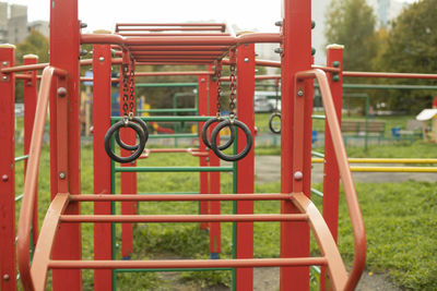 Close-up of red playground in park
