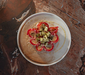 High angle view of food in plate on table