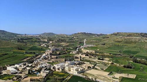 Aerial view of buildings against clear blue sky