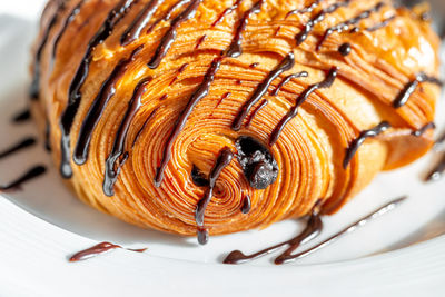 Closeup macro of a delicious fresh chocolate croissant on a plate
