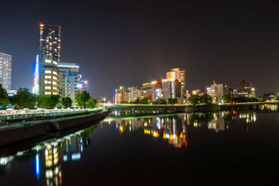 Reflection of illuminated buildings in city at night