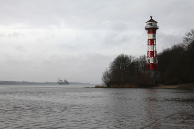 Lighthouse by sea against sky