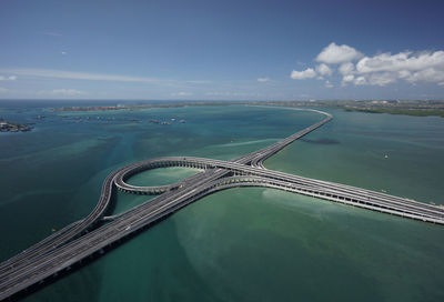 Aerial view of bridge over sea against cloudy sky