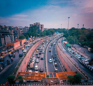 High angle view of traffic on road in city