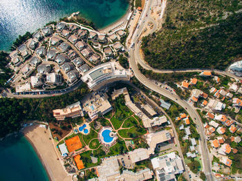 High angle view of buildings in town