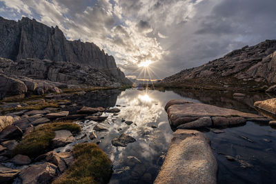 Scenic view of rocks in mountains against sky