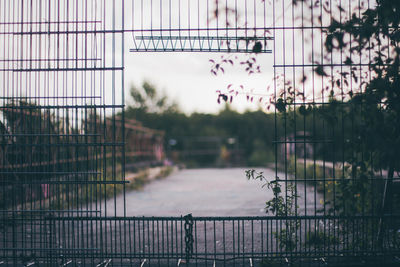 Scenic view of lake against sky seen through fence