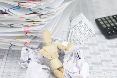 High angle view of documents on table