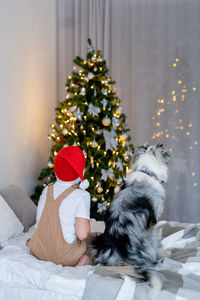A boy and a dog in red santa hat on the bed looking on christmas tree. 