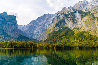 Scenic view of lake and mountains against sky