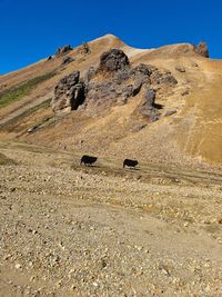 Scenic view of rocky mountains against clear blue sky