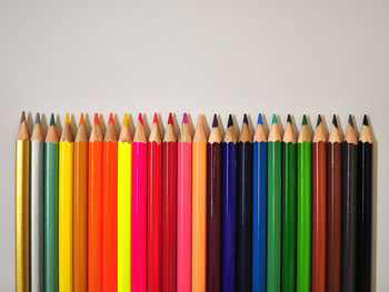 High angle view of colored pencils against white background