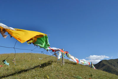 Clothes drying on field against clear blue sky