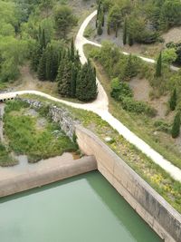 High angle view of winding road amidst trees