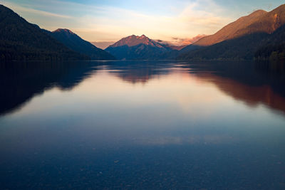 Sunset on lake crescent with mountains in background