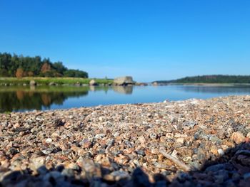 Scenic view of lake against clear blue sky