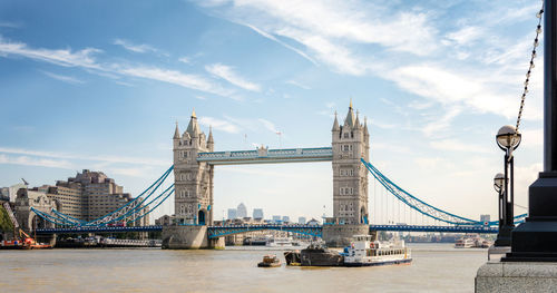 View of suspension bridge against cloudy sky