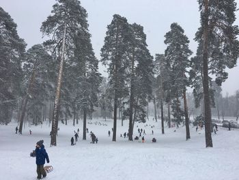 People on snow covered trees against sky