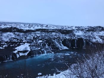 Scenic view of snow covered landscape against clear sky