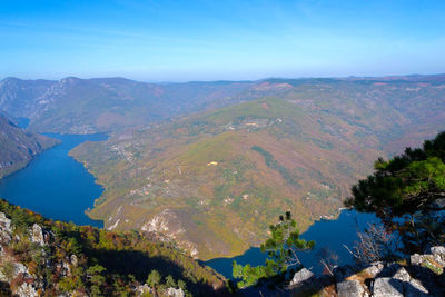 High angle view of lake and mountains against sky