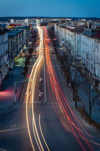 High angle view of light trails on city street