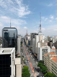 High angle view of buildings against sky