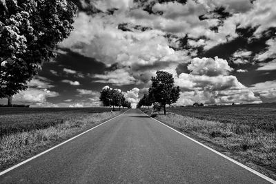 Empty road amidst trees on field against sky