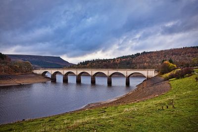 Arch bridge over river against sky