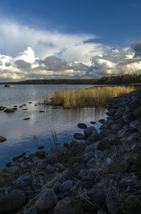 Scenic view of lake against cloudy sky