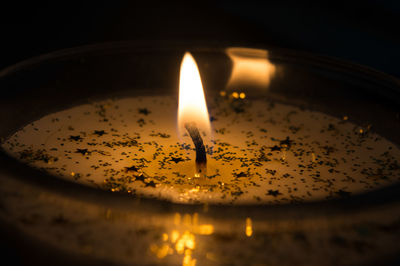 Close-up of illuminated tea light