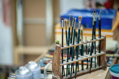 Close-up of paintbrush on table