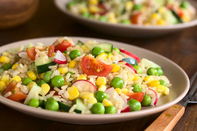 High angle view of salad in bowl on table