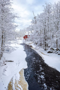 High angle view of frozen lake against sky