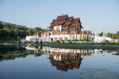 Reflection of building in lake against clear sky