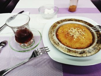 High angle view of breakfast on table