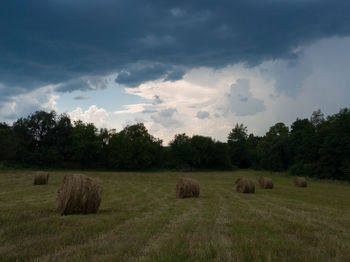 Hay bales on field against sky