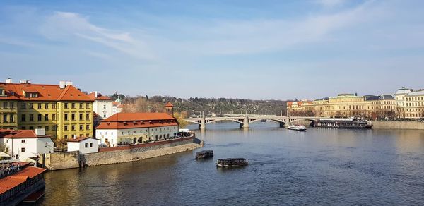 Bridge over river by buildings in city against sky