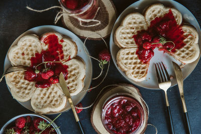 High angle view of breakfast on table