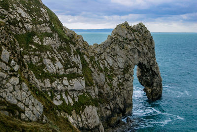 Scenic view of cliff by sea against sky