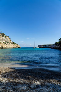 Scenic view of sea against clear blue sky