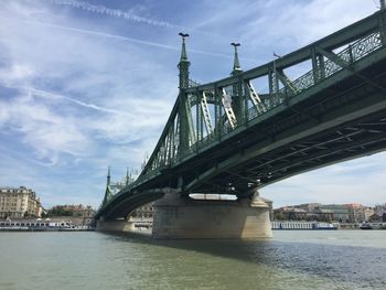 The bridge of freedom over the duna in city against cloudy sky