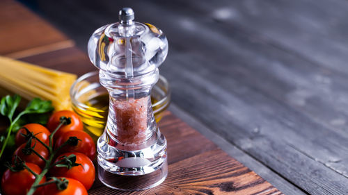 High angle view of beer in glass on table