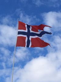 Low angle view of flag against sky