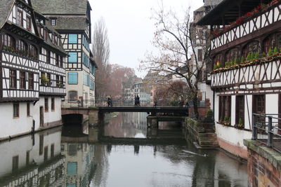 Canal by buildings in city against sky