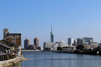 View of buildings in city against clear sky