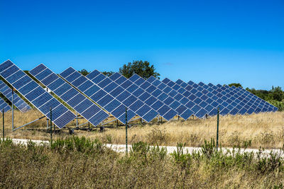 Solar panels on field against sky