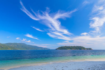 Scenic view of sea against blue sky