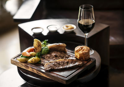 Close-up of food served on table