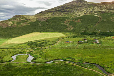 Scenic view of grassy field against sky