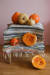 High angle view of pumpkins on table